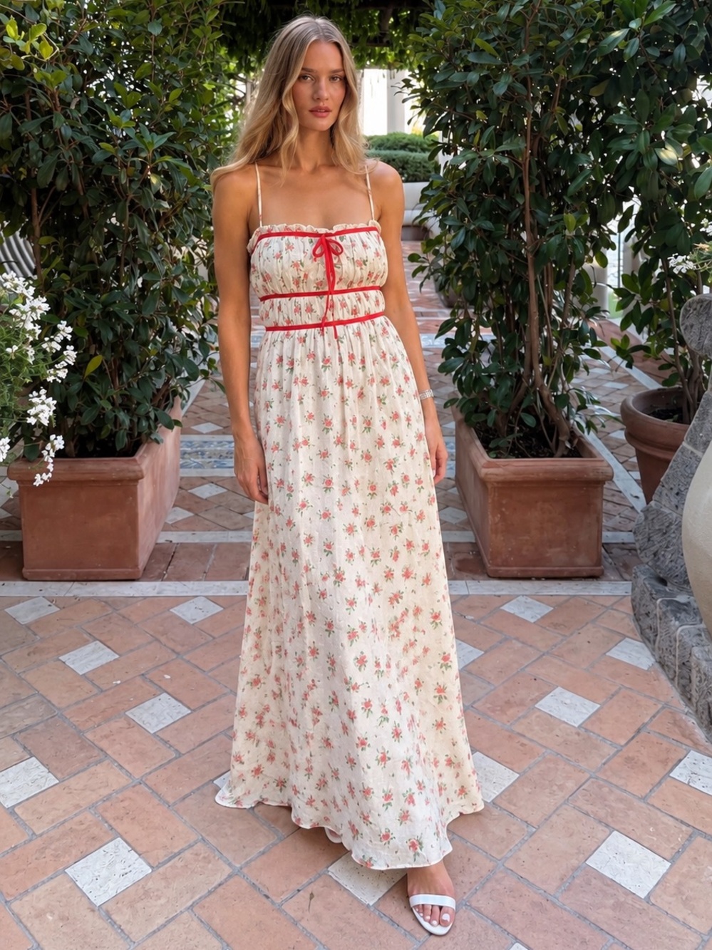 Storia Floral Maxi Dress XL NWT Cream Red Coquette Cottagecore Corset Vibe